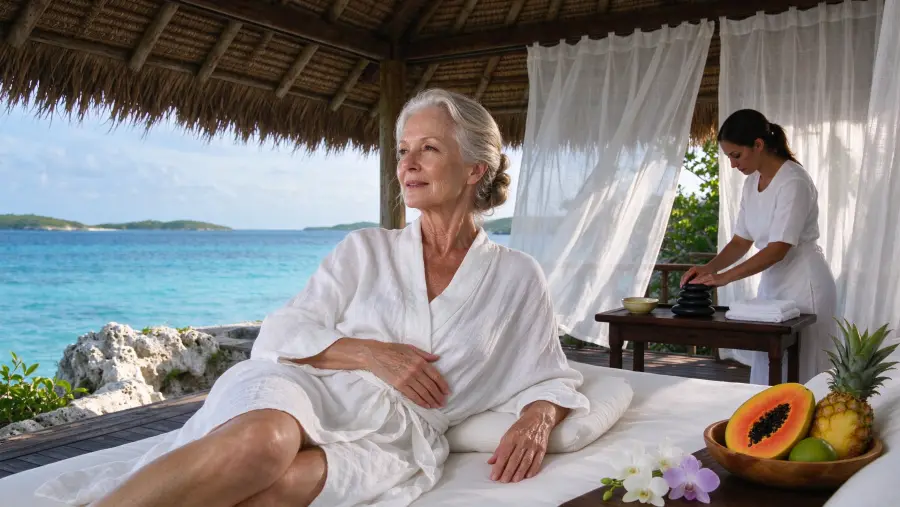 A woman in a white robe resting in an open spa bungalow above the sea
