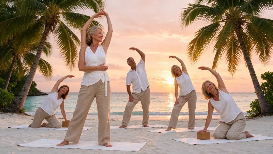 Guests on a white beach at sunrise, the palms dark against a pink sky