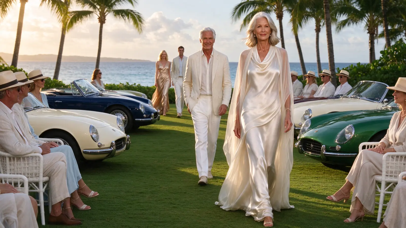 Women in long silk dresses walking between classic cars on the lawn, guests seated either side