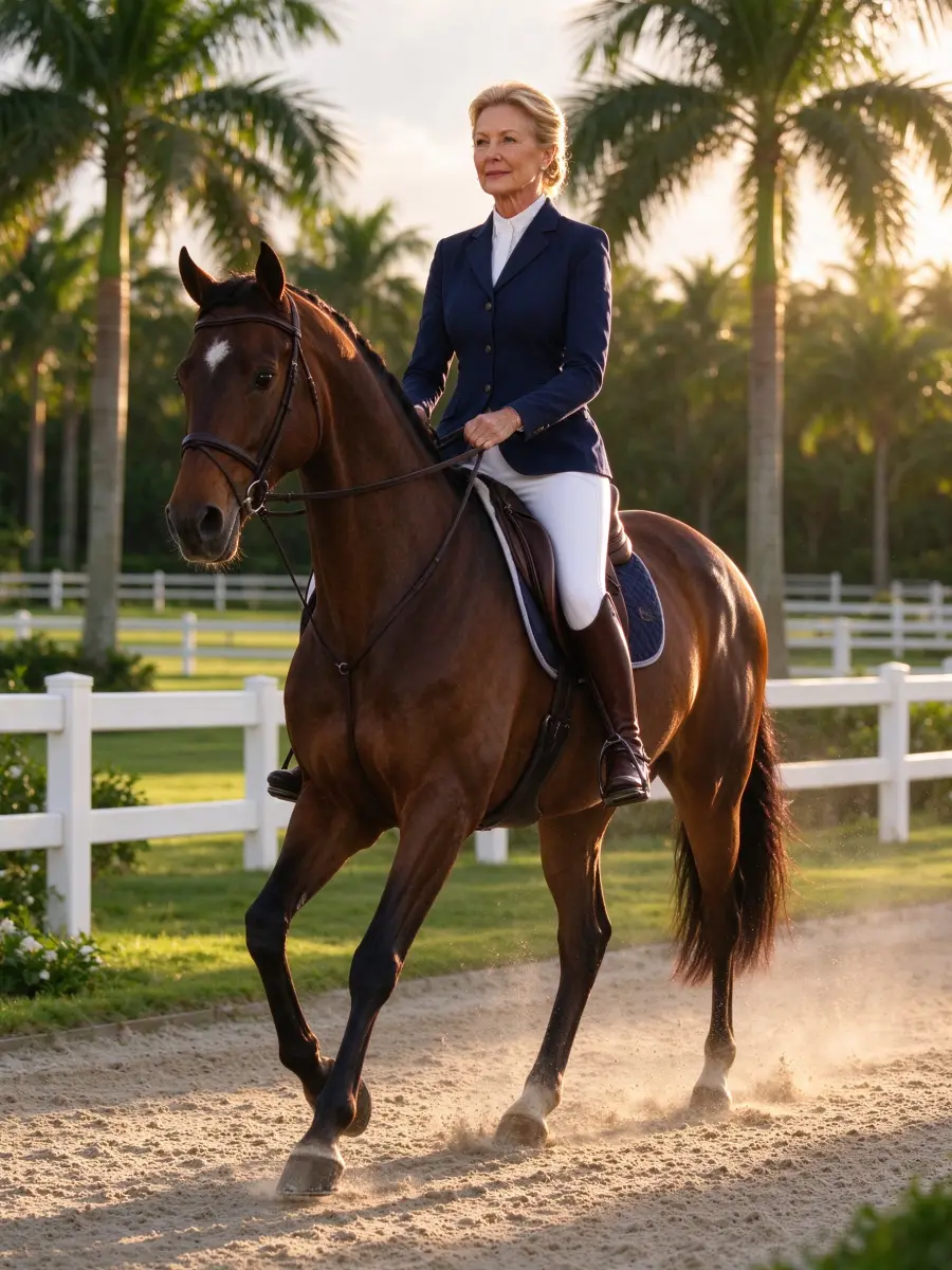 A woman in a navy riding jacket at a trot on a bay horse
