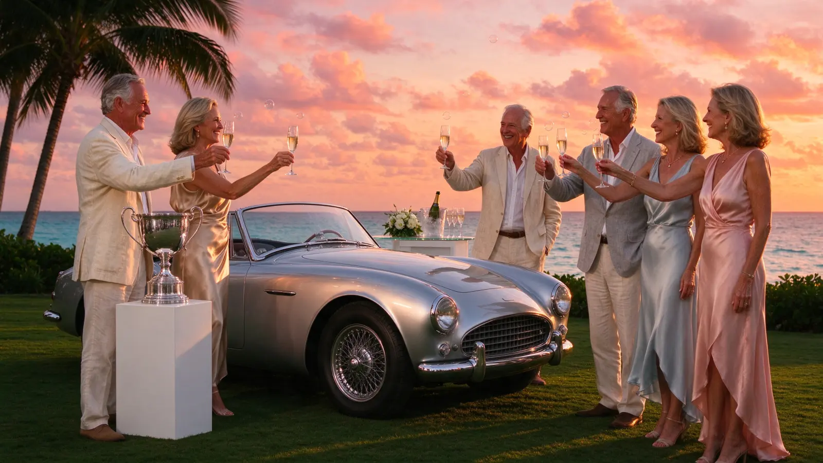Women in silk dresses with champagne at sunset around a silver roadster and its trophy