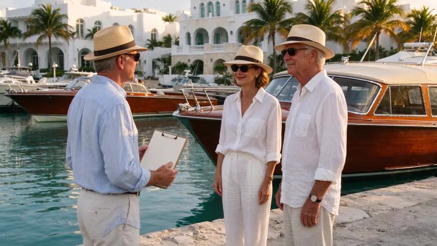 Classic mahogany runabouts and a wooden commuter yacht at the quay of the Marina, a judge with a clipboard and two guests in linen