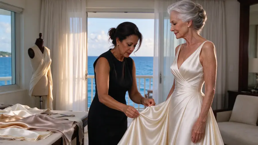 A Dominican couturier pinning the hem of an ivory silk gown in a suite above the sea
