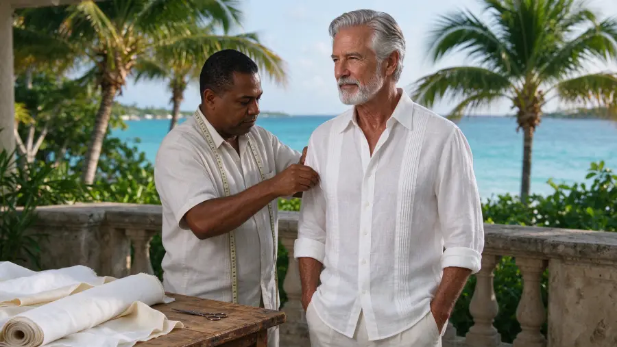 A tailor measuring a man for a white pleated linen chacabana on a terrace above the sea