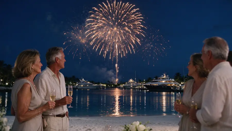 Golden fireworks over the Marina seen from the beach, guests with champagne in the foreground