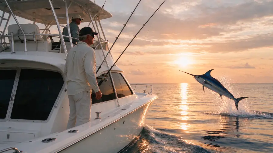 A sport-fishing yacht at sunrise, a blue marlin leaping from the golden sea