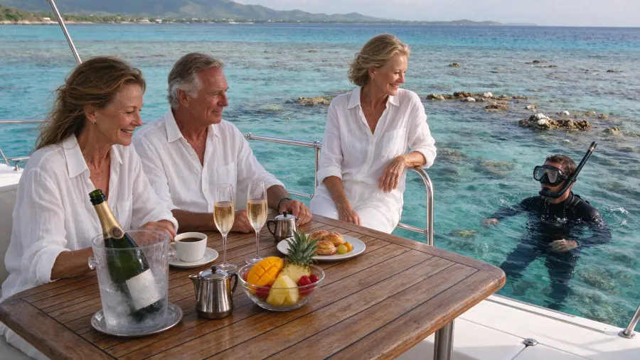 Breakfast with champagne on the deck of a catamaran over the reef, a diver surfacing beside the boat