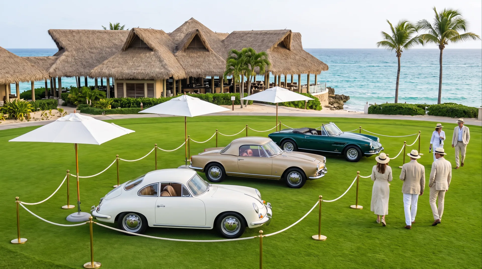 Classic cars on the lawn behind brass posts and white ropes, guests in linen walking between them, the sea behind