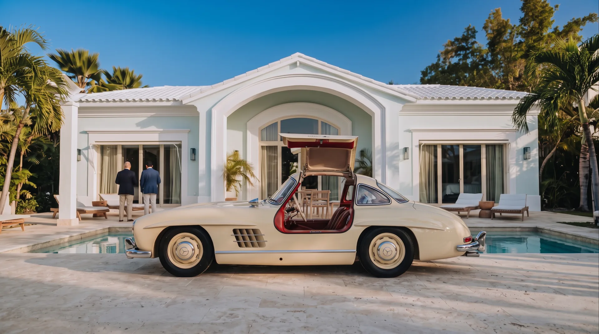A cream Mercedes-Benz 300 SL with its gullwing doors open, in front of a white villa and its pool