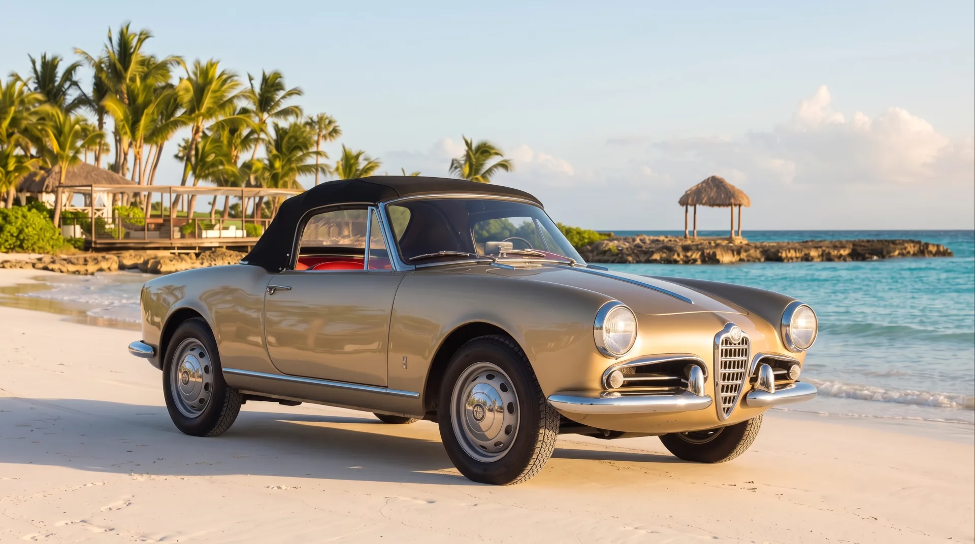 A silver Giulietta Spider on the white sand at the edge of the sea, in the late gold light