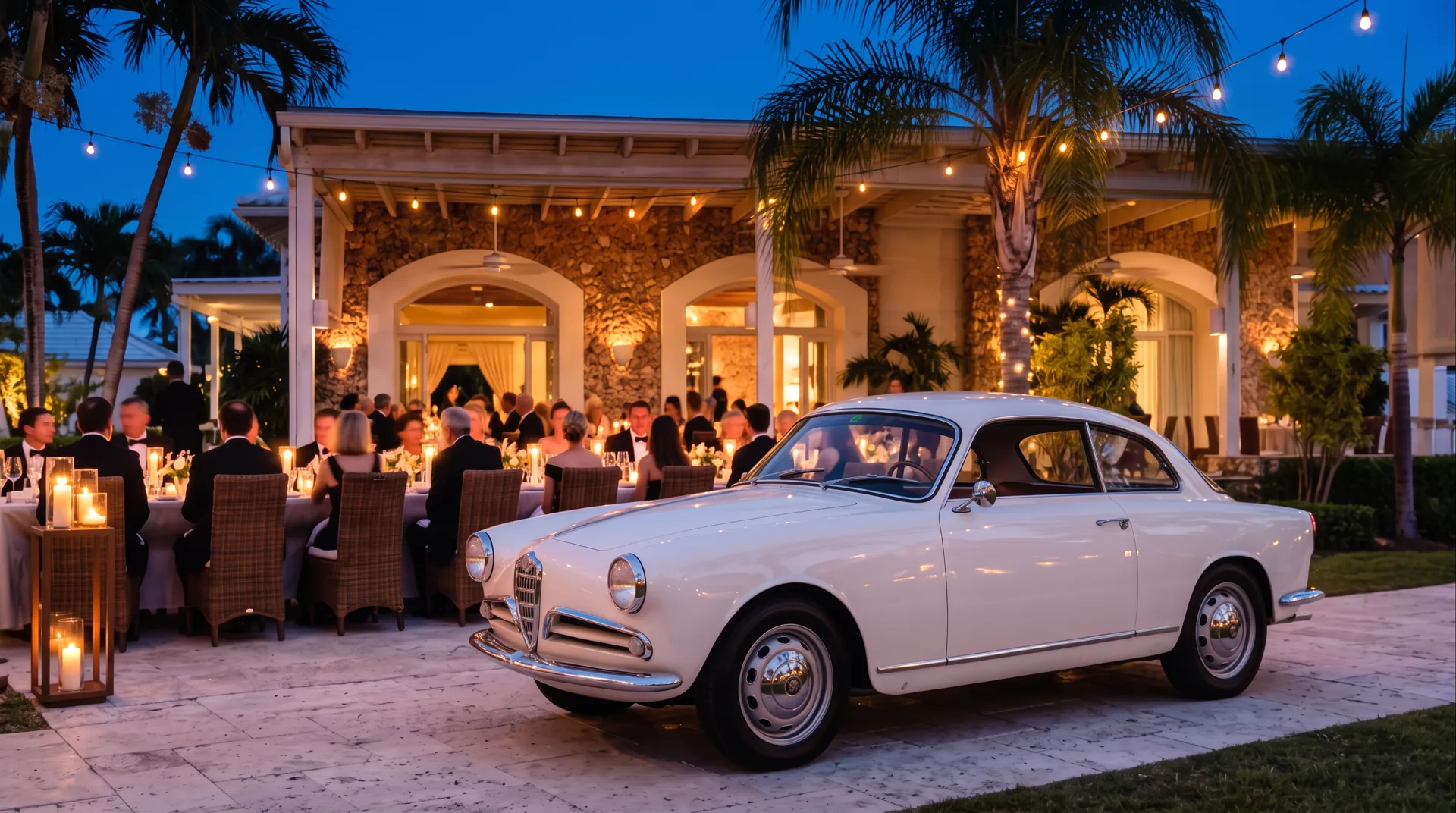 The gala at night: candlelit tables, guests in black tie, a white Giulietta Sprint before the terrace