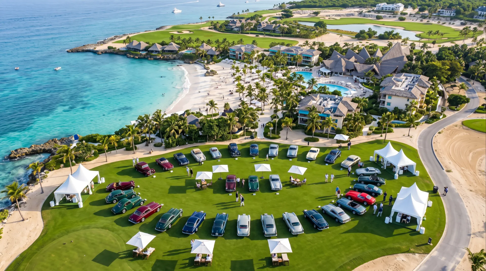 The lawn of the concours from the air, the cars in a wide ring above the bay