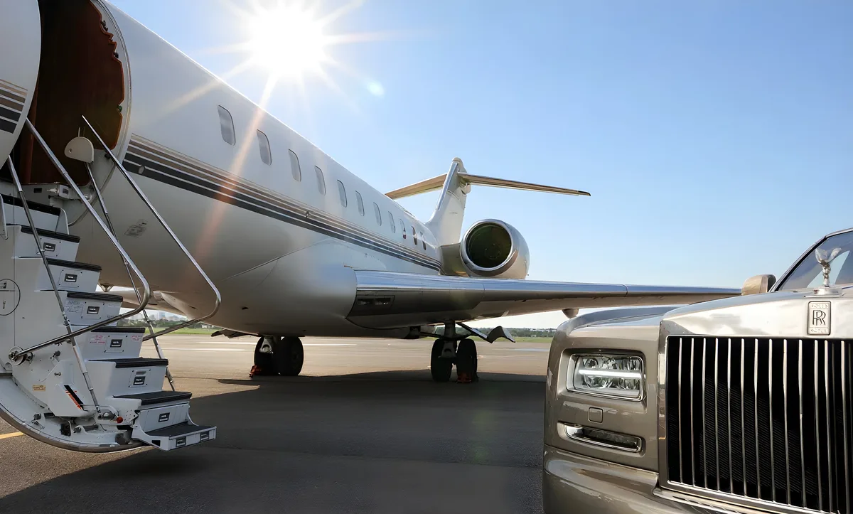 A private jet with its stairs down on the runway, a car waiting beside it