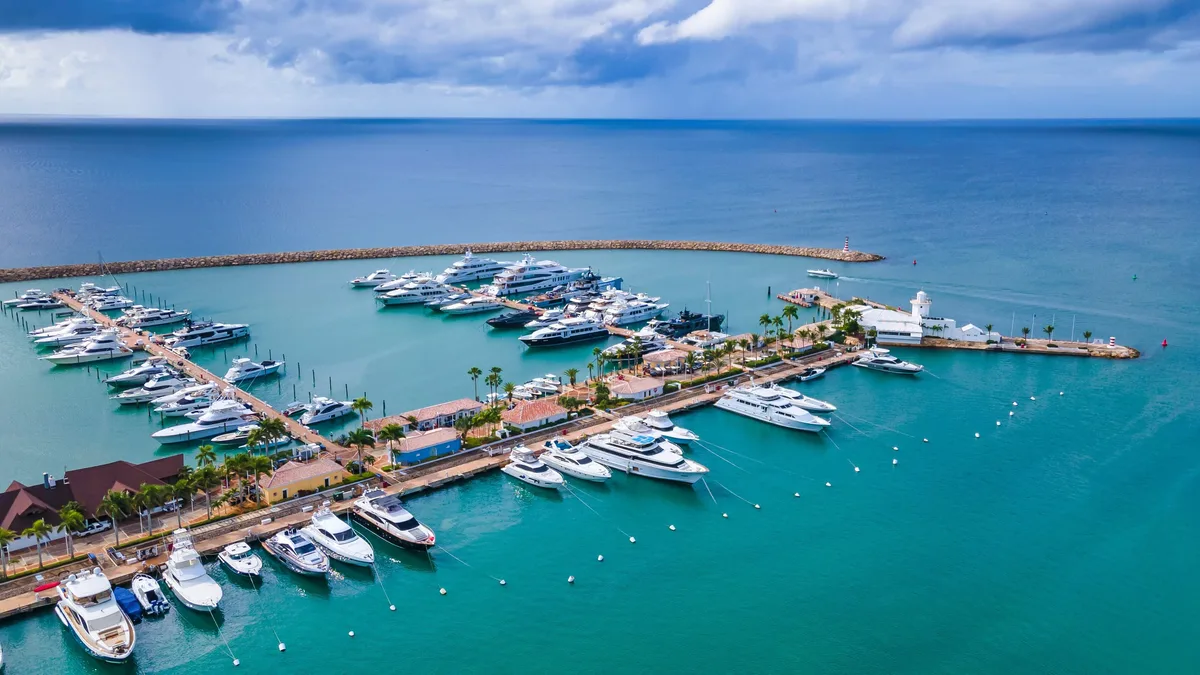 The Marina of Casa de Campo from the air, its breakwater and yachts