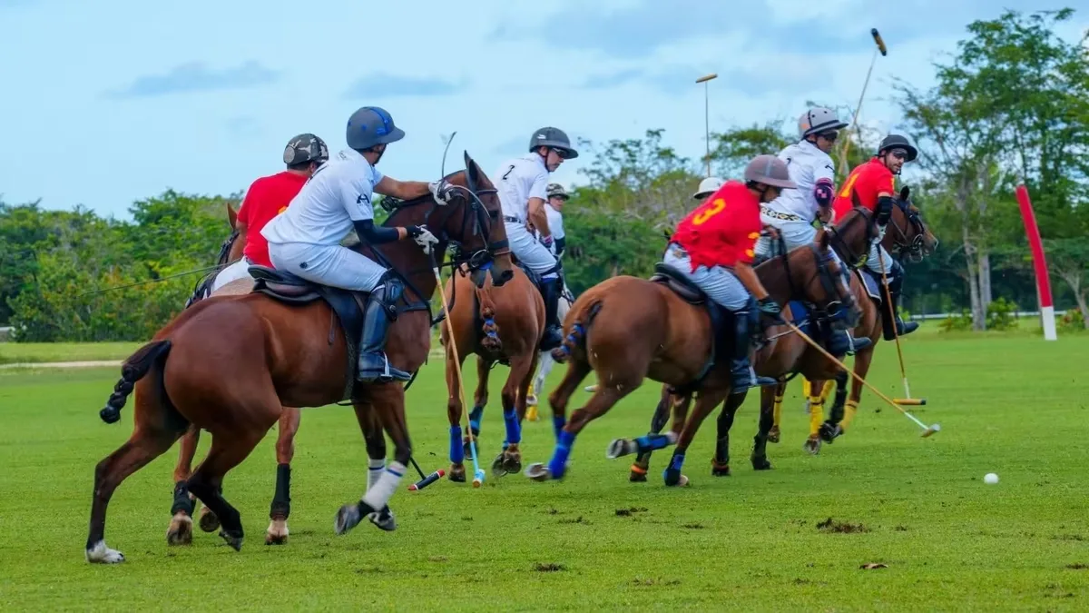 A polo match at Los Establos, riders jostling for the ball